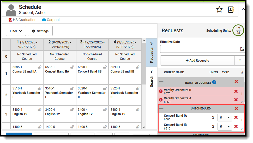Screenshot of the student's Walk-In Scheduler with unscheduled course requests.