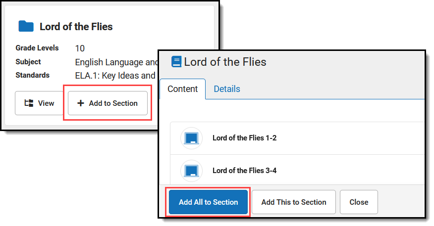 Screenshot highlighting the Add to Section and Add All to Section buttons. 