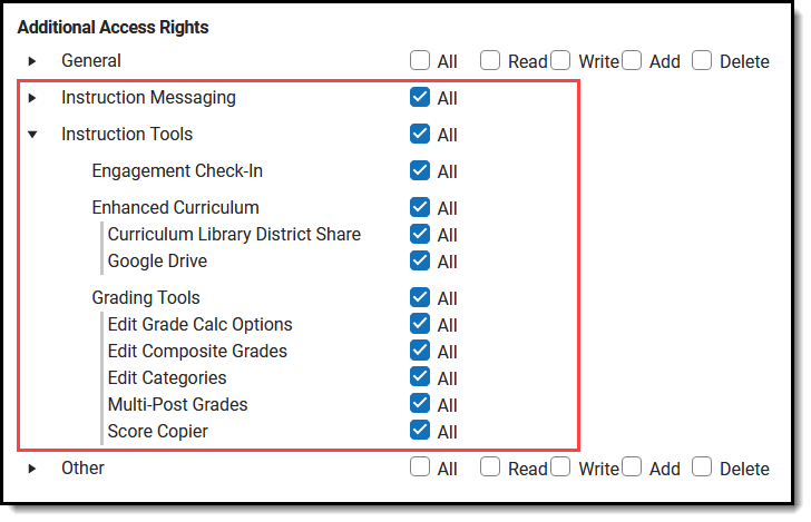 Screenshot of the Additional Access Rights section of tool rights with the Instruction Messaging and Instruction Tools highlighted. 