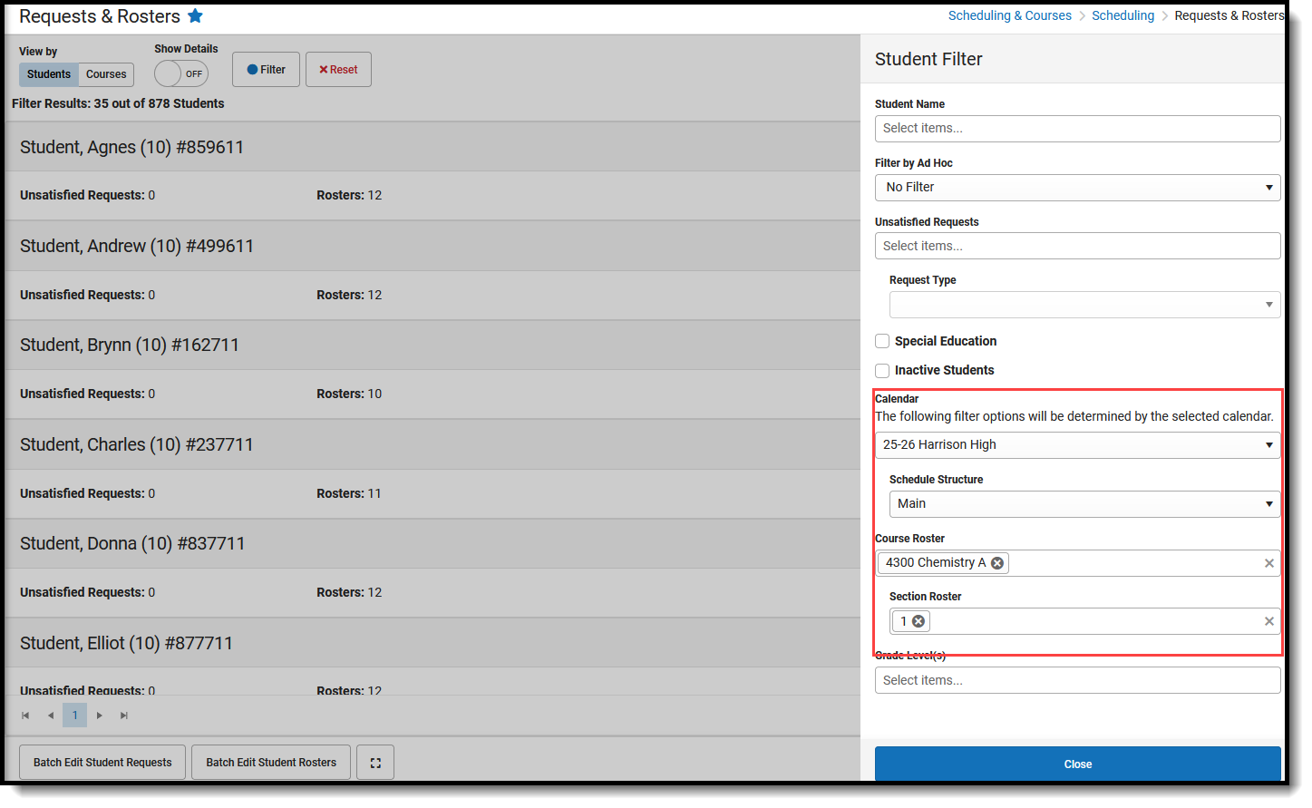 Screenshot of the Student Filter options returning students in a specific course and section. 