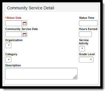 Screenshot of Community Service Detail fields available when adding a record.