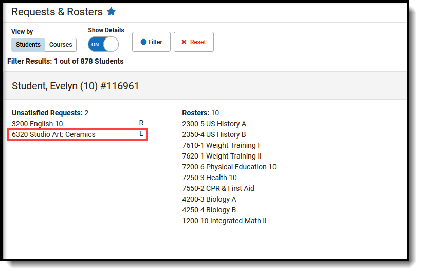 Screenshot of a student's requested list of courses. 