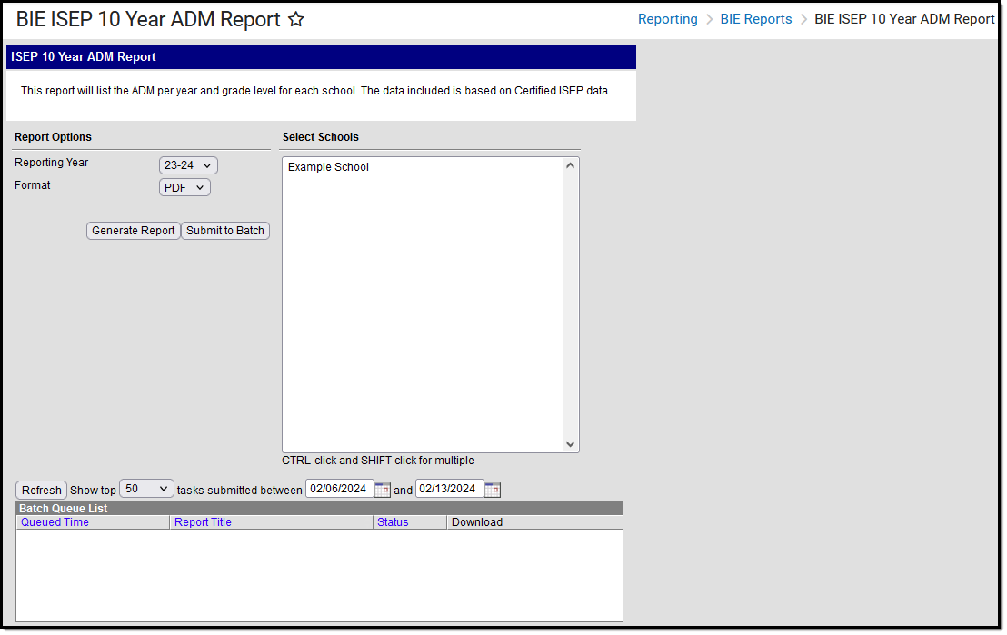 Screenshot of the BIE ISEP 10 Year ADM Report Editor.