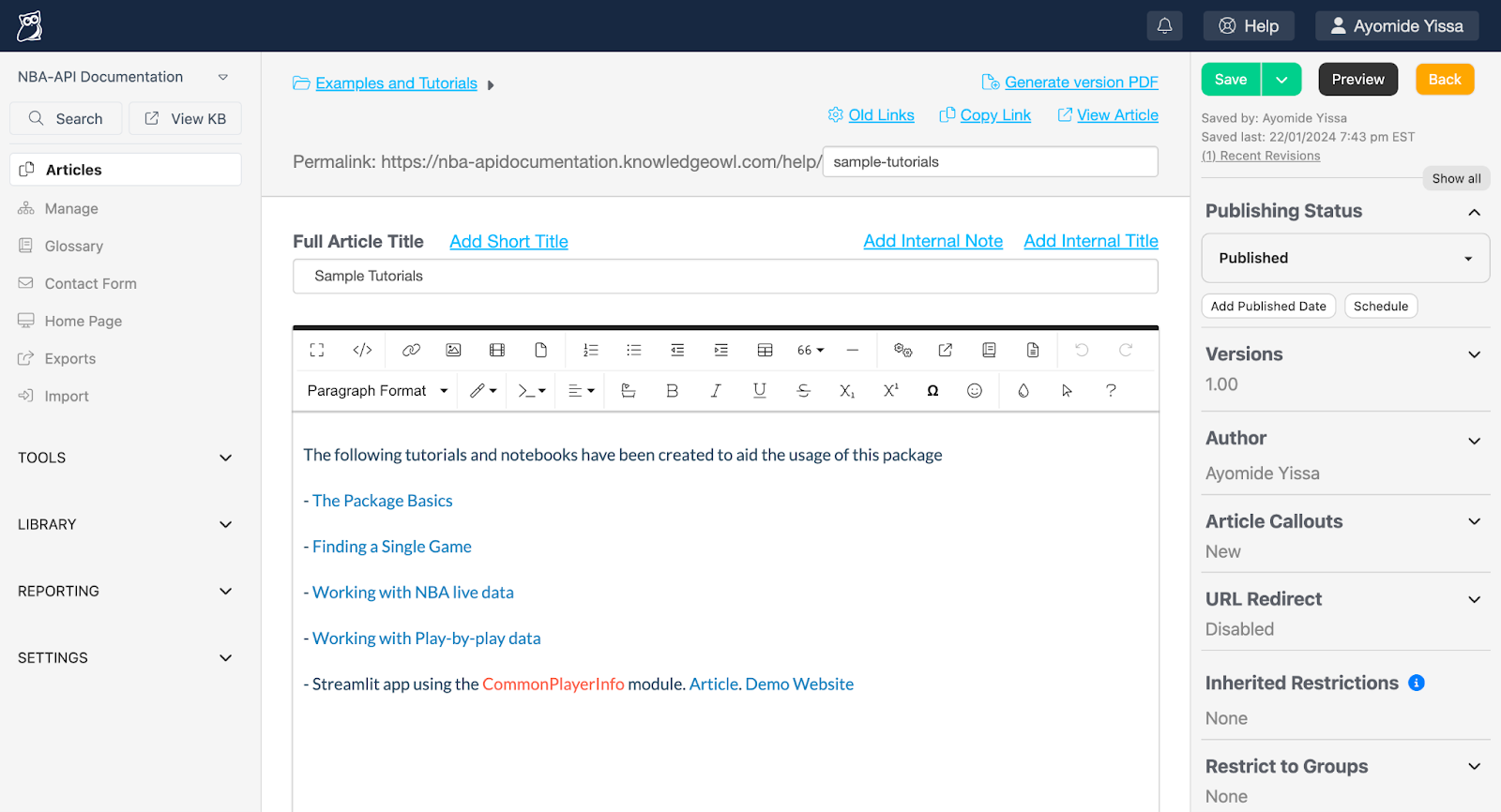 A screenshot of the editor view for an article in a KnowledgeOwl knowledge base titled, 