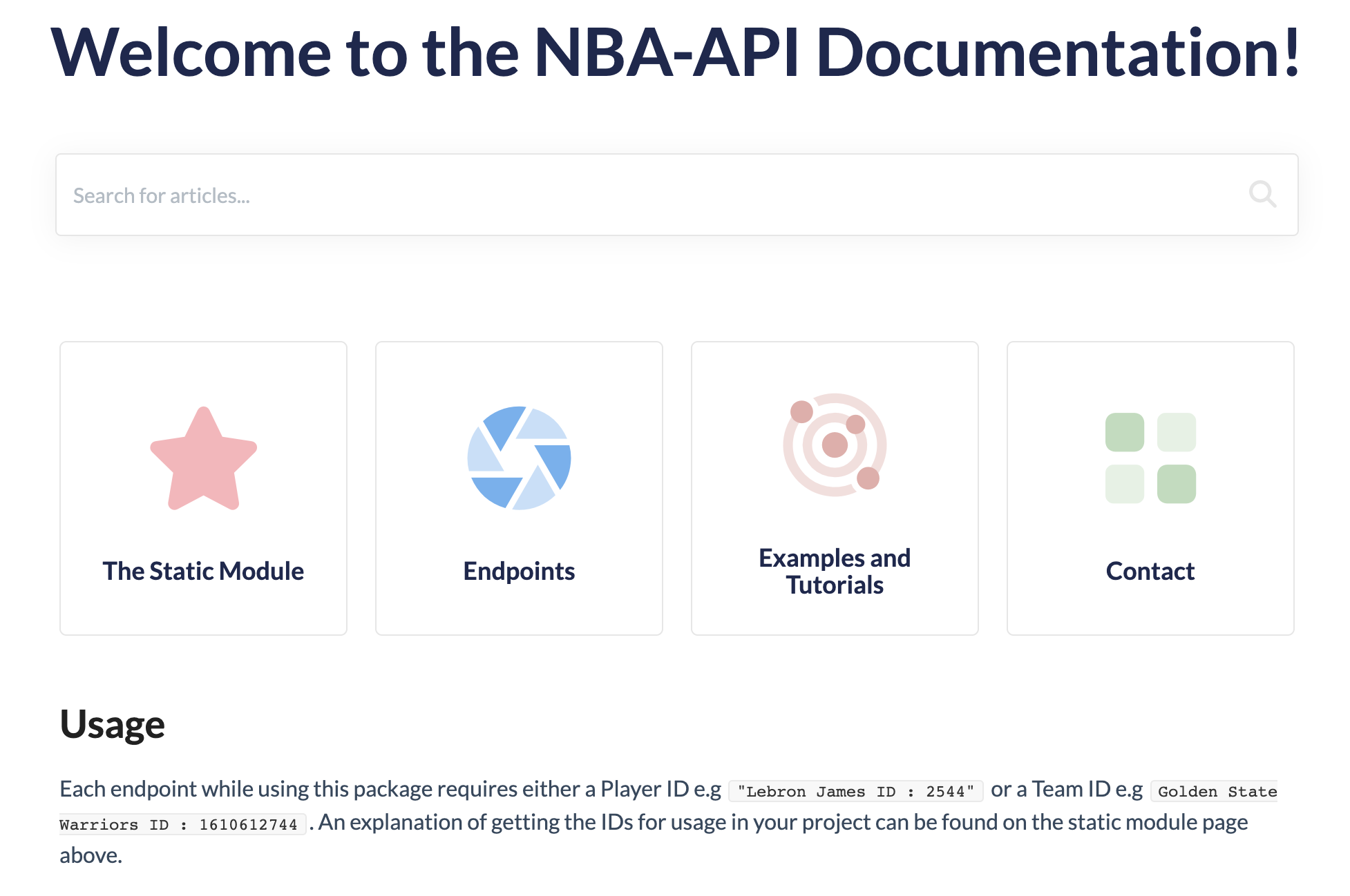 A screenshot of the NBA-API knowledge base that was built with KnowledgeOwl. 