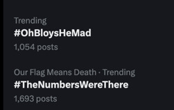 Twitter Trending: #OhBloysHeMad 1,054 Posts Our Flag Means Death - Trending #TheNumbersWereThere 1,693 posts