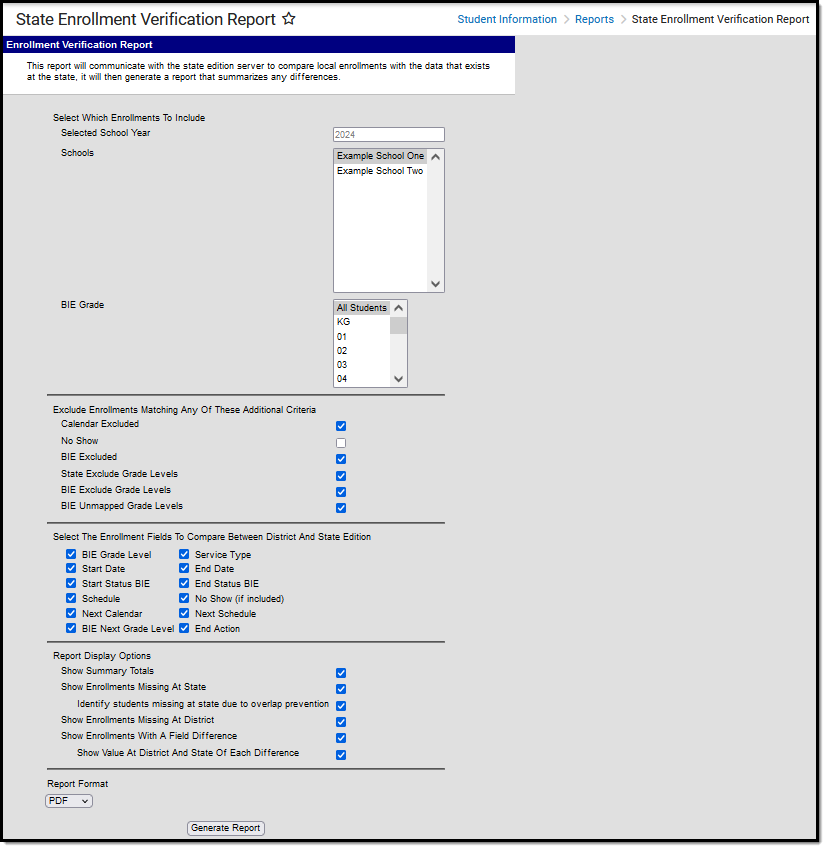 Screenshot of the State Enrollment Verification Report Editor.