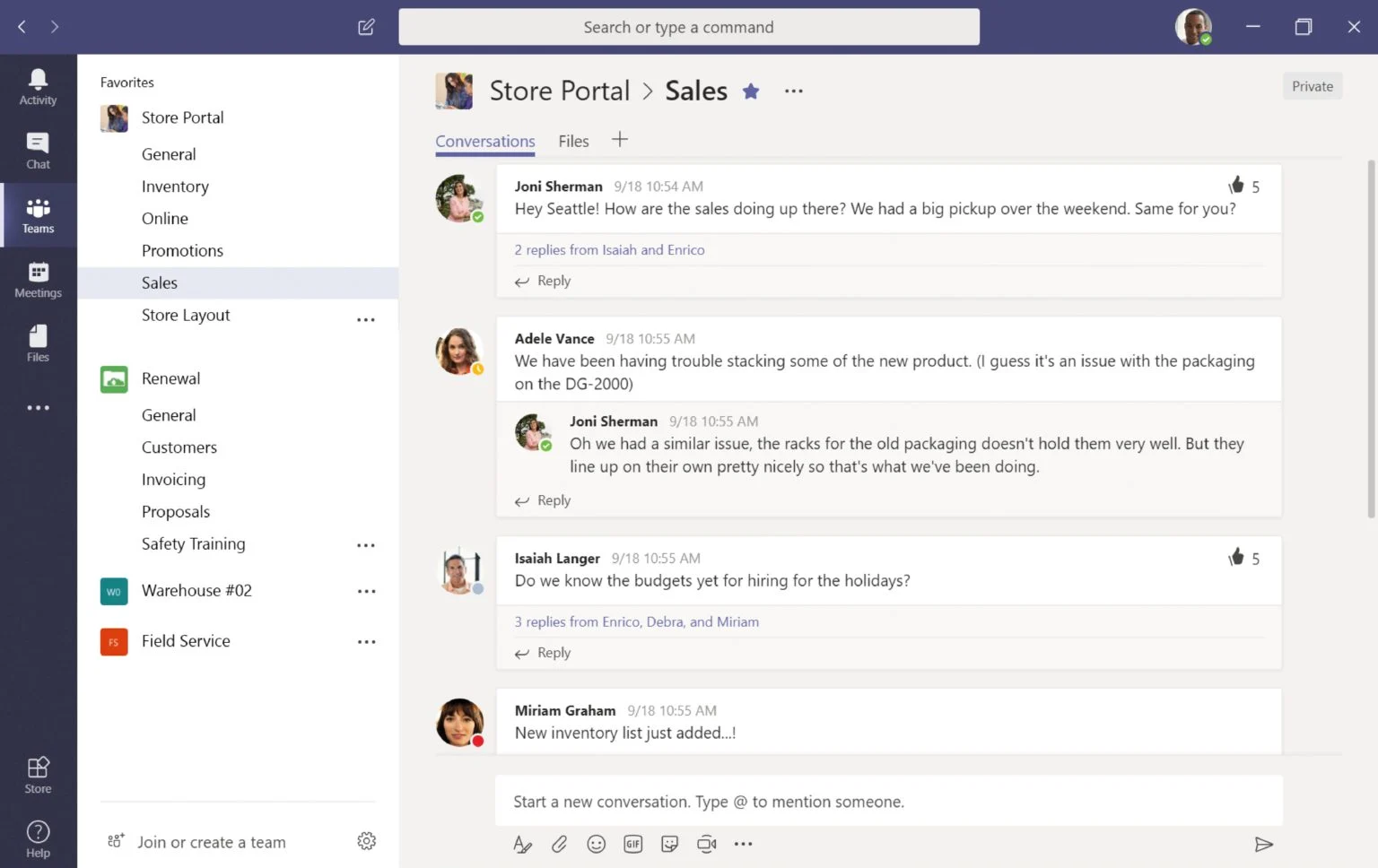 a screenshot of a microsoft teams window with various message threads