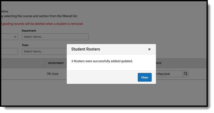 Screenshot of the confirmation of student rosters being updated. 