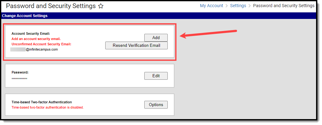 screenshot of the account security email field within password and security settings