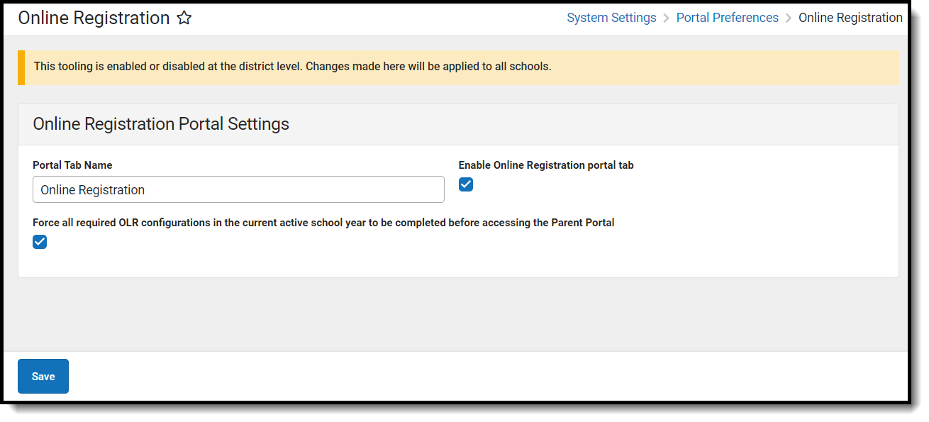 Screenshot of Online Registration Portal Settings