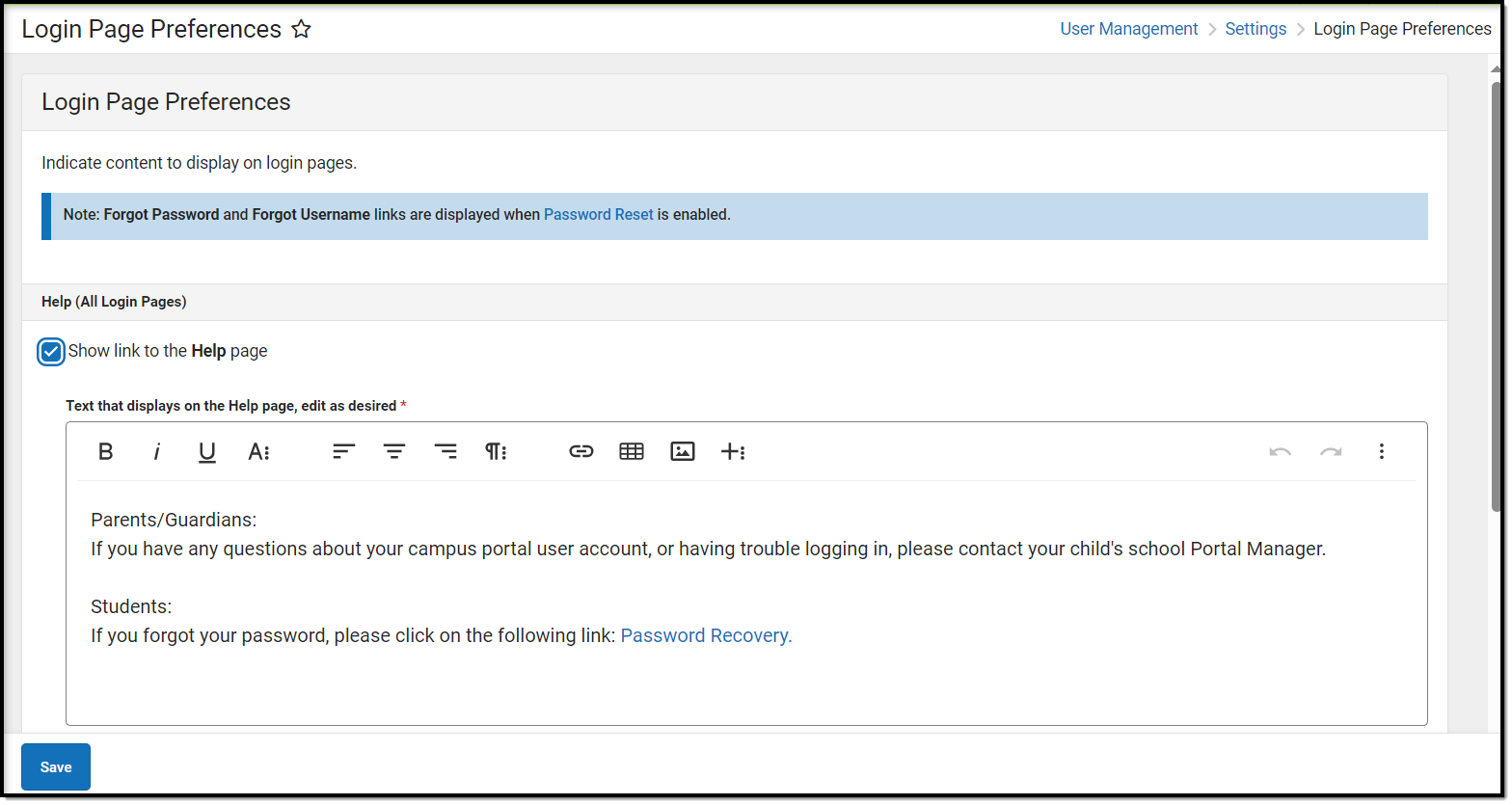 screenshot of the login page preferences tool
