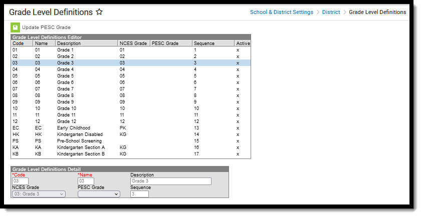 Screenshot of Grade Level Definitions editor with detail expanded for 3rd grade.