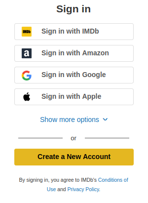 IMDb login/signup options: IMDb (email), Amazon, Google, Apple.