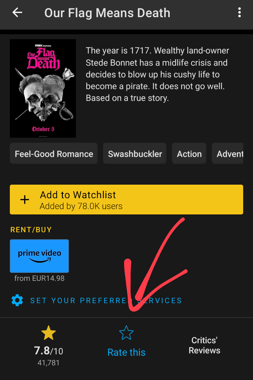Screenshot showing where to rate the show on the website