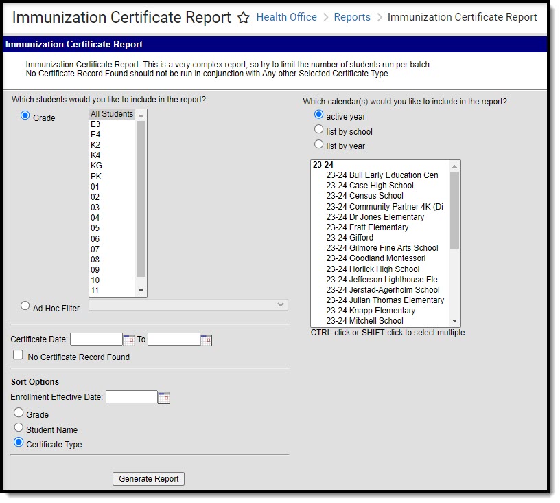 Screenshot of the Immunization Certificate Report editor.