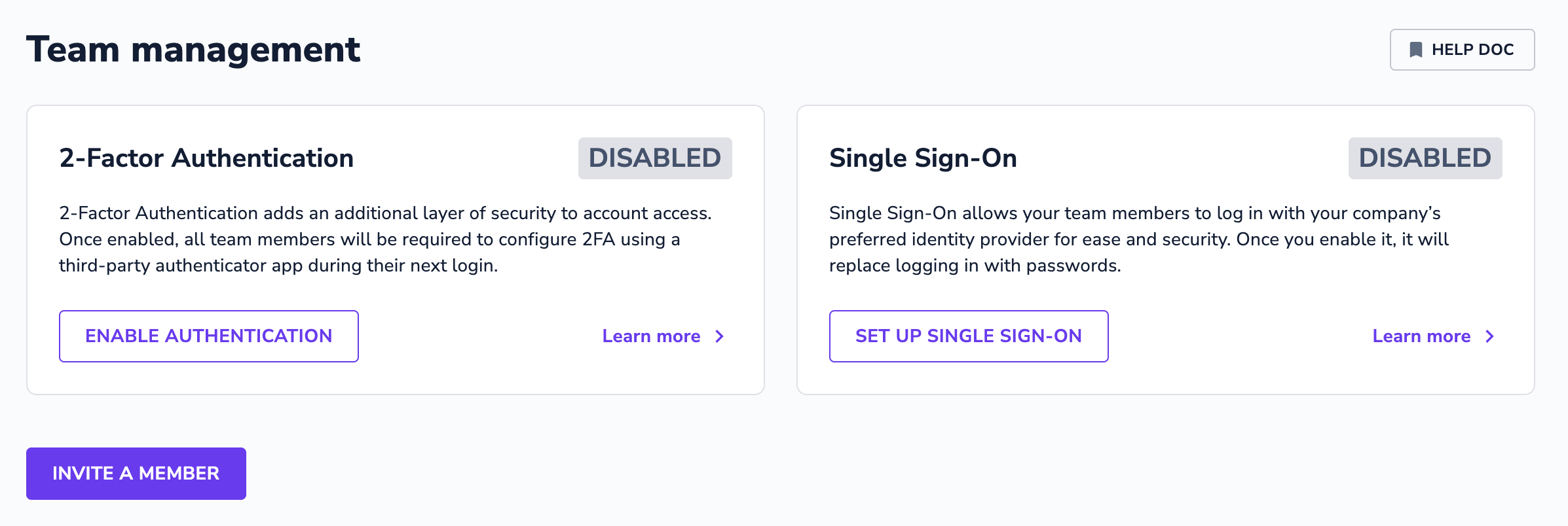 Team management section to activate 2FA and Single Sign-on