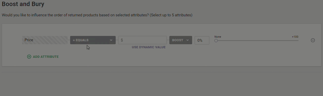 Animated demonstration of a user completing a Boost and Bury filter equation by first selecting 'is greater than or equal to' from the selector of operator options, then clicking the USE DYNAMIC VALUE button to view the options available for the price attribute, which include Price of Product on Page, Minimum Price of Cart, and Maxiumum Price of Cart Items. The user then clicks USE STATIC VALUE and types 10 into the dollar amount value field.