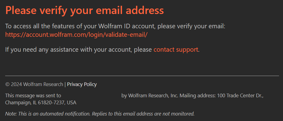 verification email from wolfram with link to validate email address