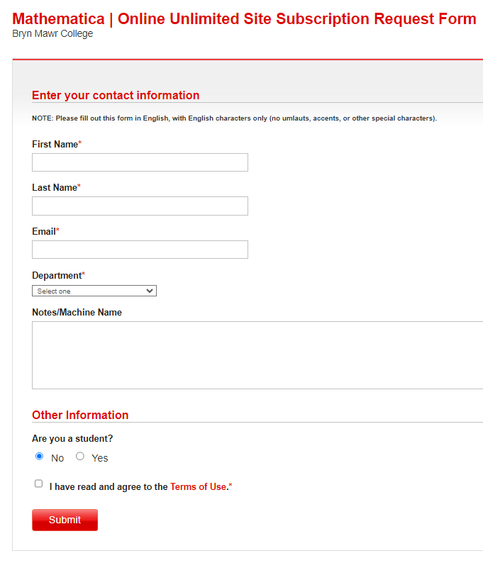 screenshot of a blank mathematica online request form