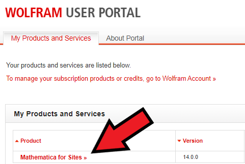 screenshot of the wolfram user portal with an arrow highlighting a mathematica for sites hyperlink