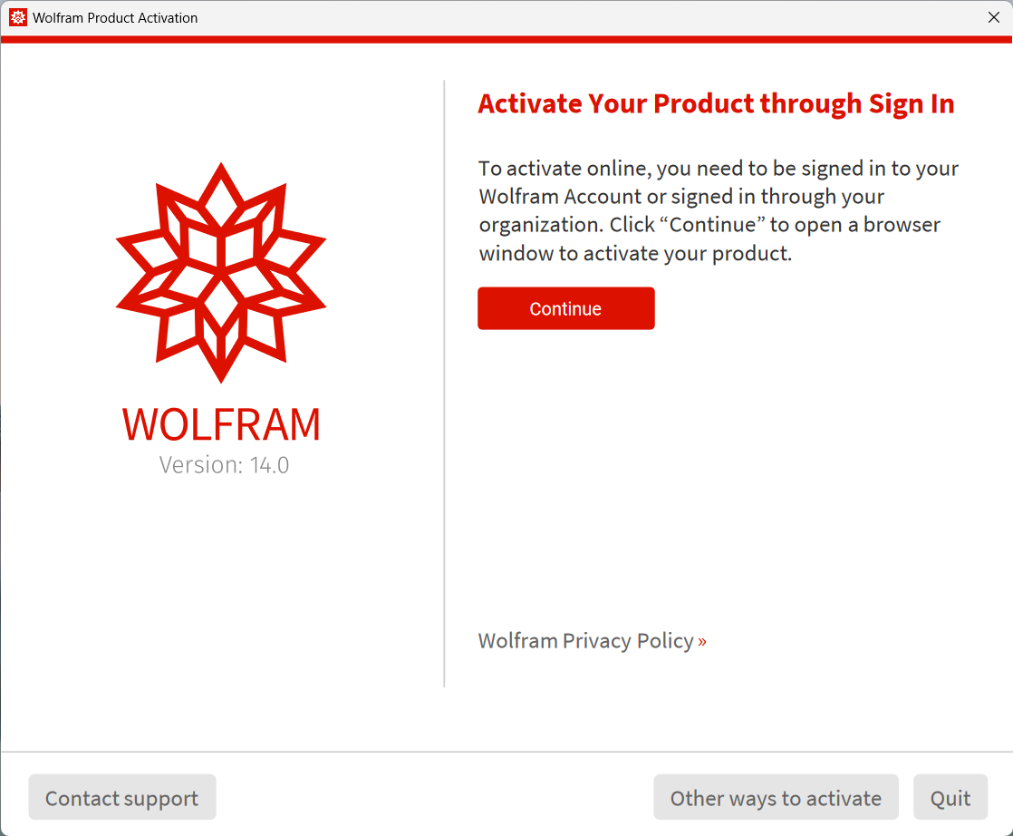 wolfram mathematica product activation window that highlights the continue button