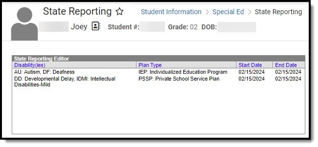 Screenshot of the Special Education State Reporting list screen with two existing records displayed.