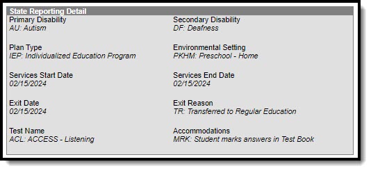 Screenshot of the Special Education state reporting detail screen.