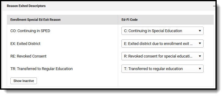 Screenshot of Enrollment Special Ed Exit Reasons.