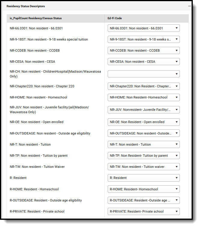 Screenshot of Residency Status Descriptors.