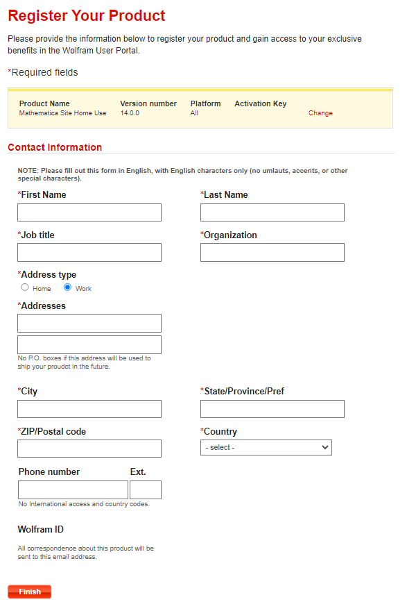 registration form for adding a new wolfram product