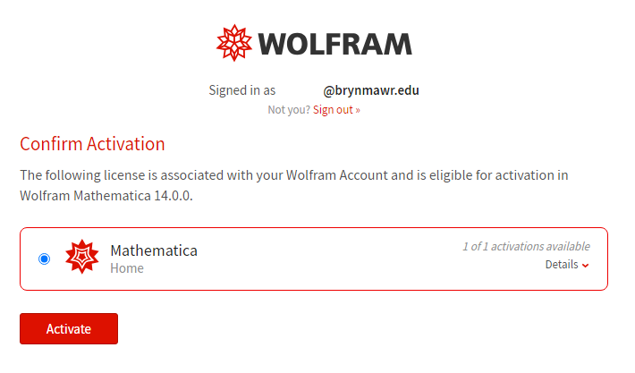activation confirmation screen that highlights the associated mathematica license and a button that says activate