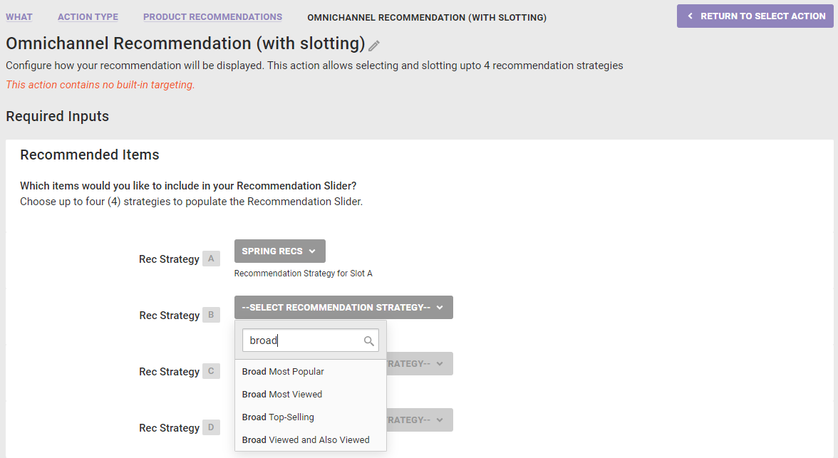 The Rec Strategy selectors A through D, with a view of the search field for a selector, in an Omnichannel recommendations with slotting action template