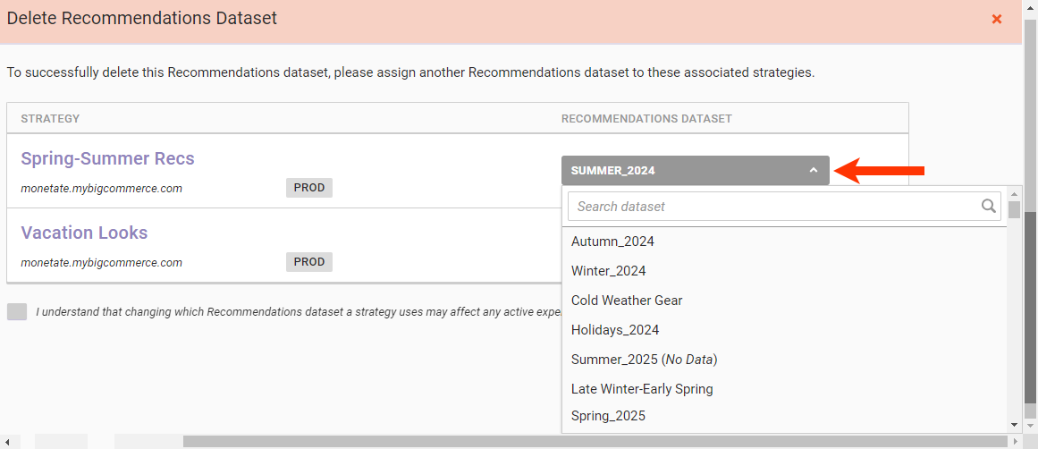 Callout of the RECOMMENDATIONS DATASET selector for a recommendation strategy listed in the Delete Recommendations Dataset modal