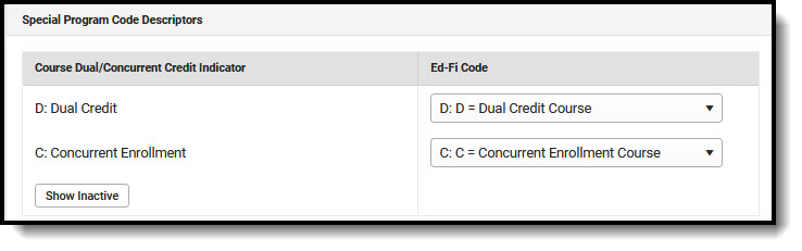 Screenshot of Special Program Code Descriptors.