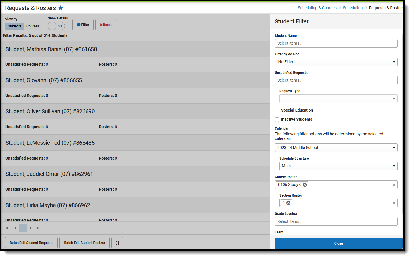 Screenshot of the Student Filter options. 