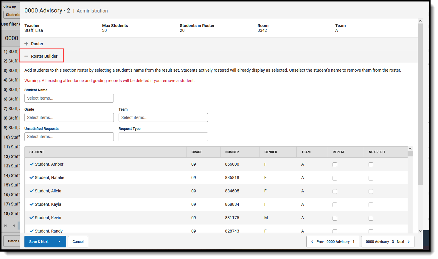 Screenshot of the Roster Builder option when viewing the Course Section side panel. 
