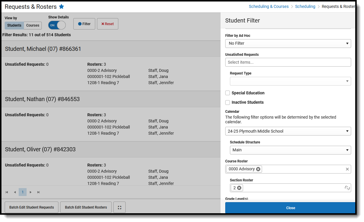 Screenshot of the Student Filter fields to show those in a specific course and section. 