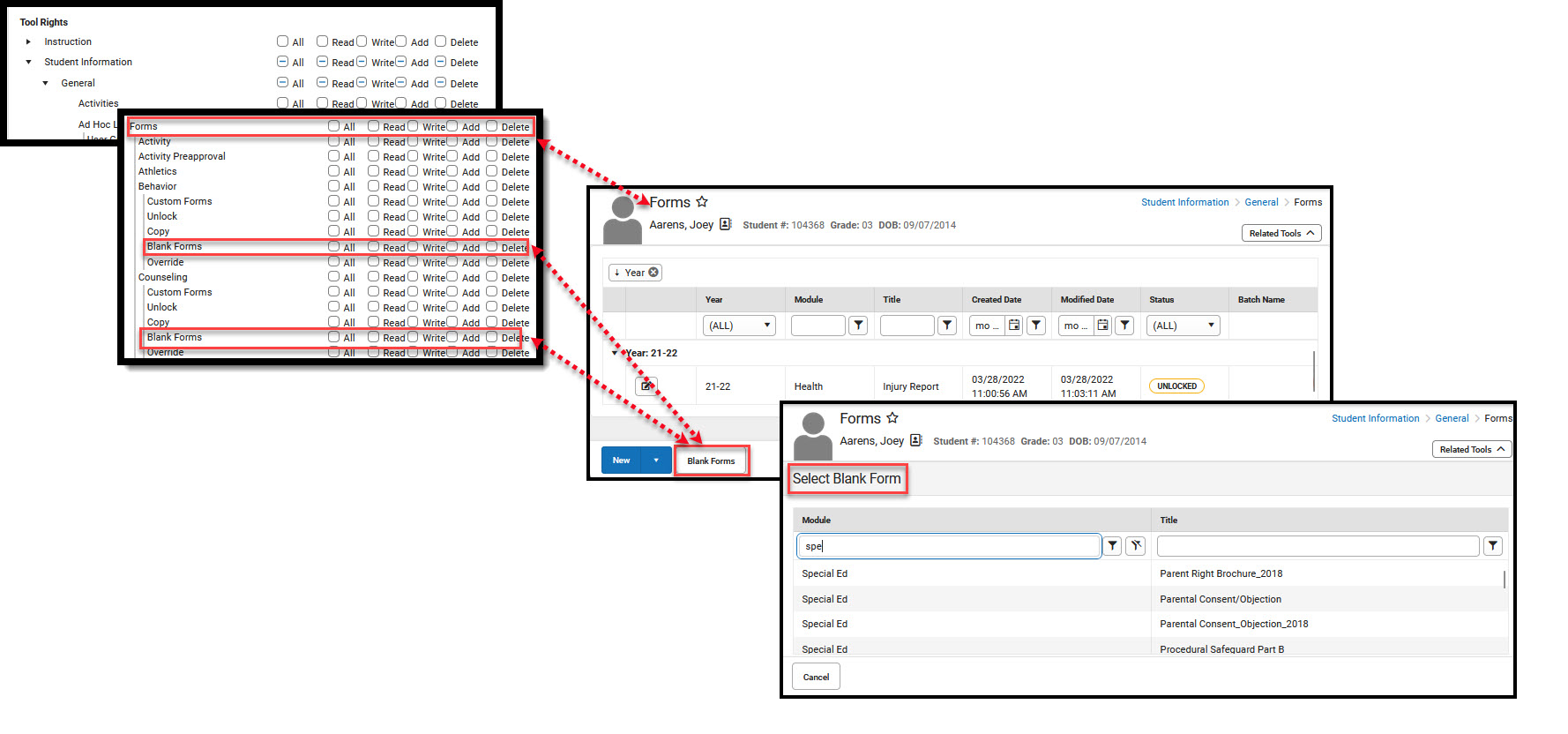 Screenshot of Forms tool rights in New Look.