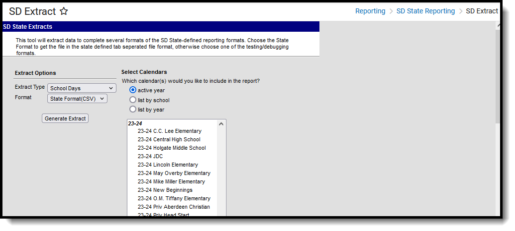 Screenshot of the SD Extract with the School Days Extract Type selected, located at Reporting, SD State Reporting, SD Extract.