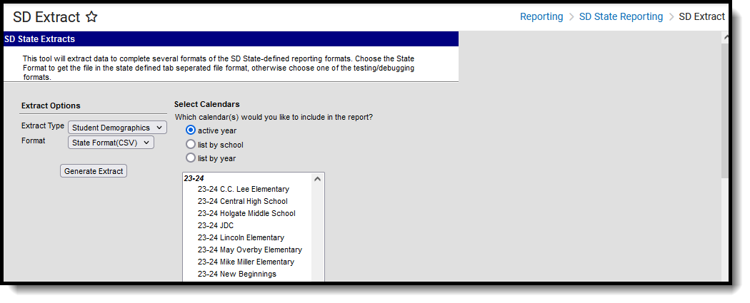 Screenshot of the Student Demographics Extract, located at Reporting, SD State Reporting, SD Extract