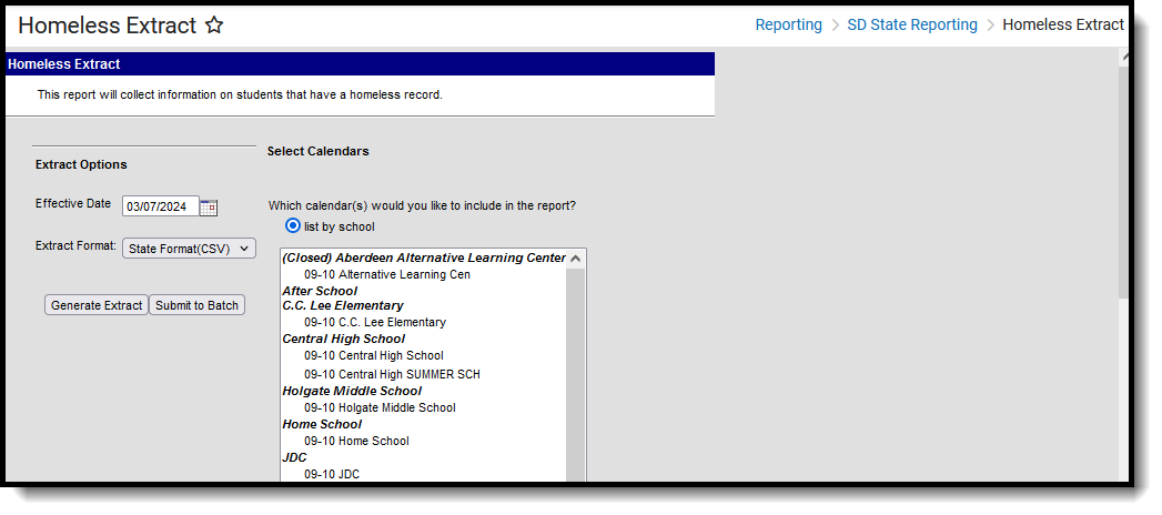 Screenshot of the Homeless extract editor, located at Reporting, SD State Reporting.