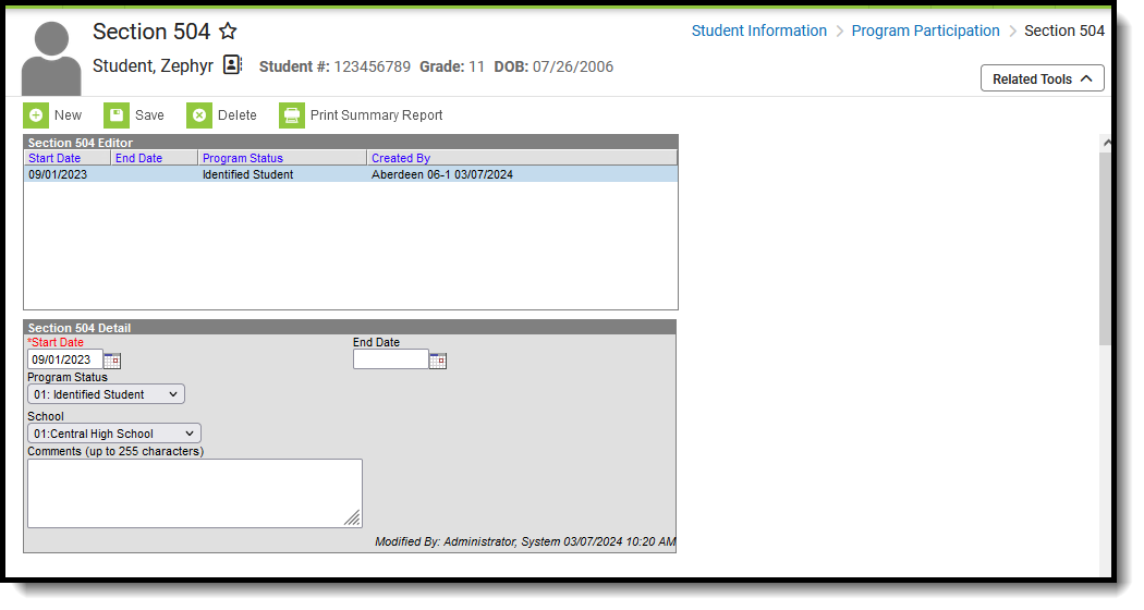 Screenshot of the Section 504 tool, located at Student Information, Program Participation