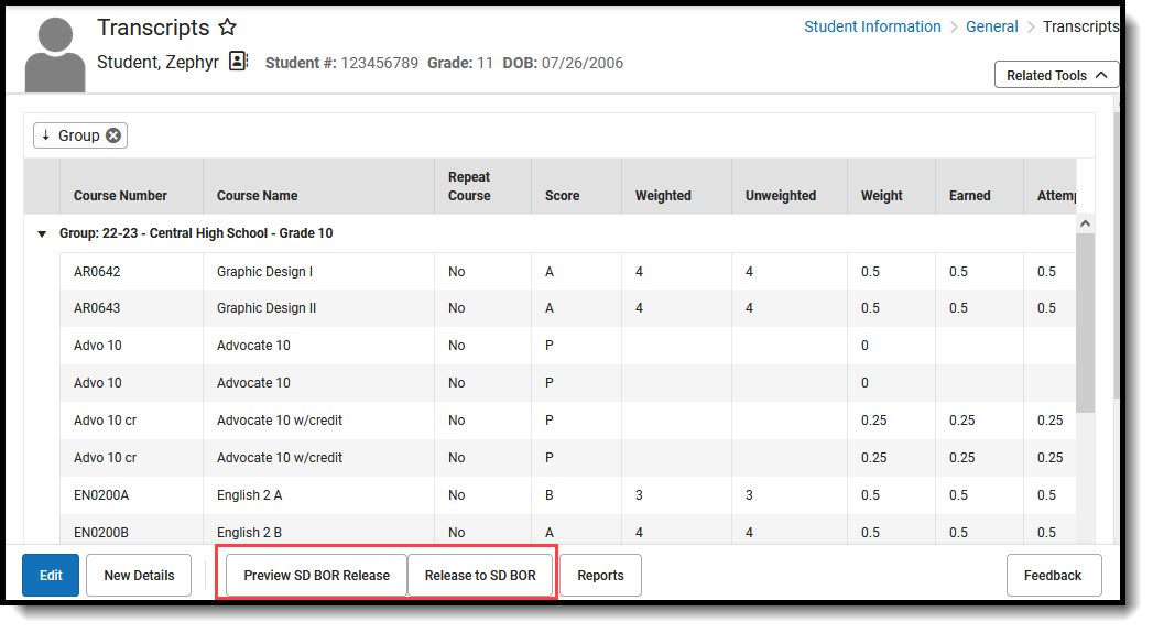 Screenshot of the Board of Regents on the student Transcript tool. 