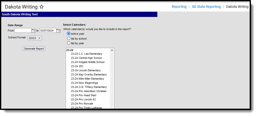 Screenshot of the Dakota Writing report editor., located at Reporting, SD State Reporting