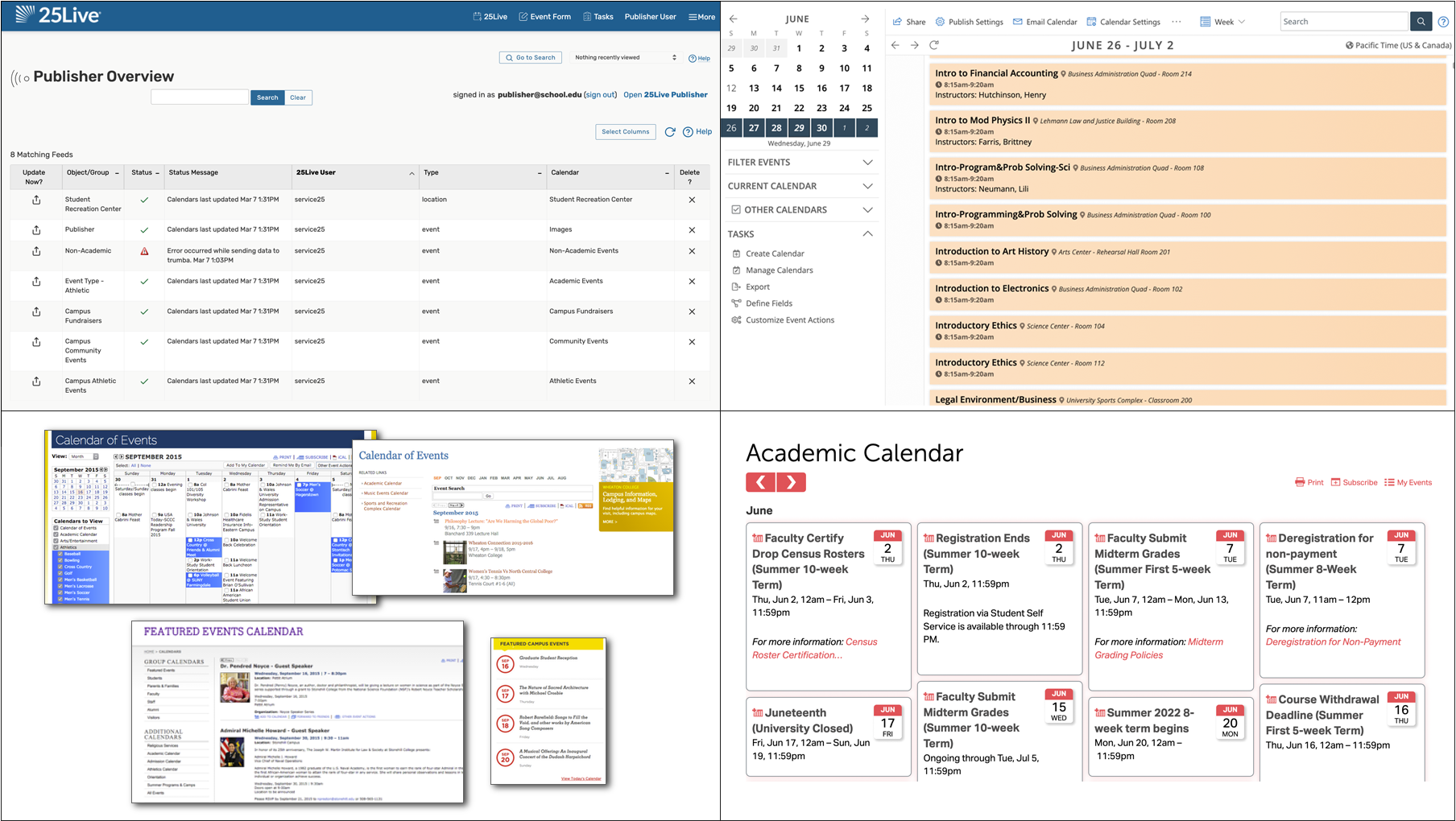 Publisher overview, publisher calendar dashboard, example calendars