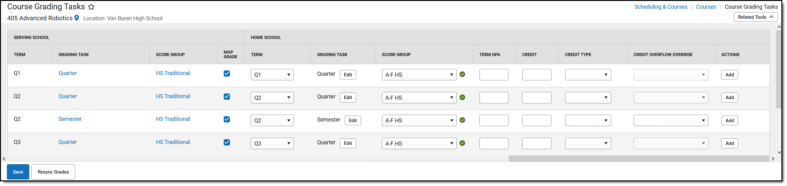 Screenshot of an example of the Course Grading Tasks tool at the Home School. 