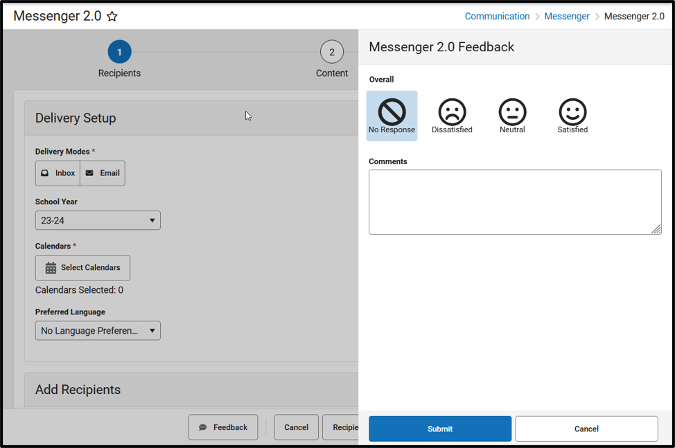 Screenshot of the Messenger 2.0 Feedback side panel.