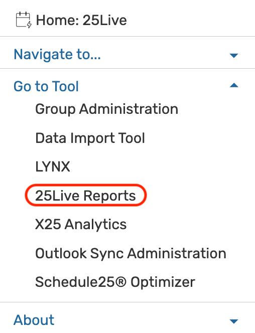 25Live reports link in the go to tool section of the more menu