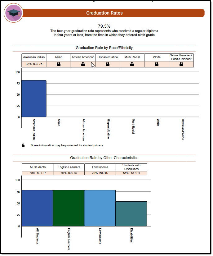 Screenshot of the race/ethnicity and other characteristics sections of an example Graduation Rates Report .
